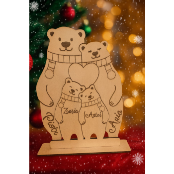 Drewniana ozdoba świąteczna – rodzinka niedźwiadków z imionami